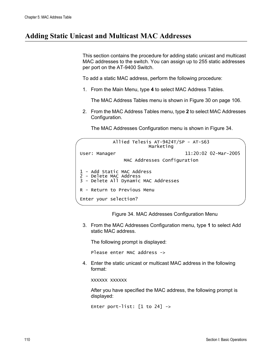 Adding static unicast and multicast mac addresses, Figure 34: mac addresses configuration menu | Allied Telesis AT-S63 User Manual | Page 110 / 672