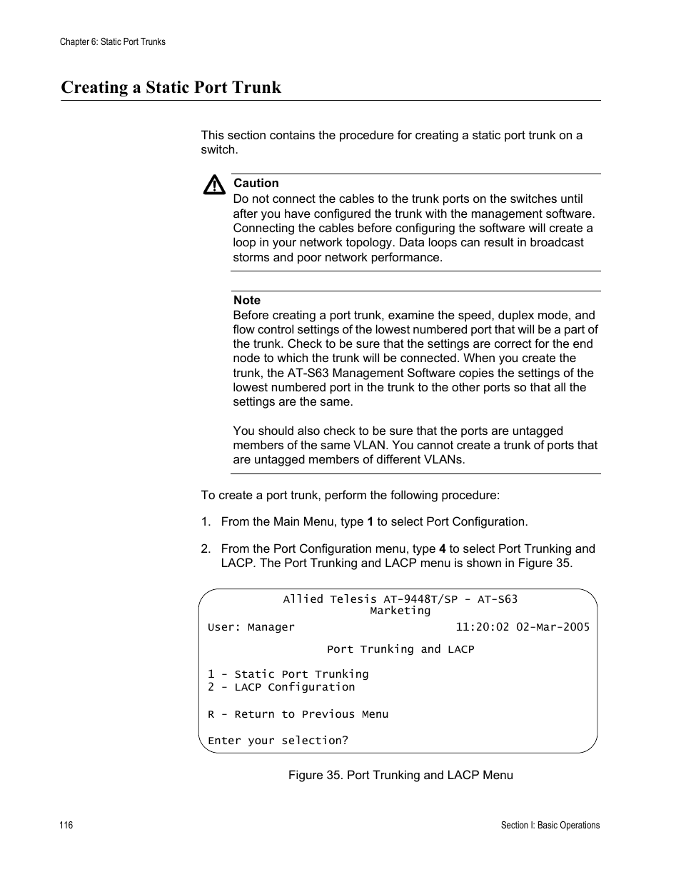 Creating a static port trunk, Figure 35: port trunking and lacp menu | Allied Telesis AT-S63 User Manual | Page 116 / 672