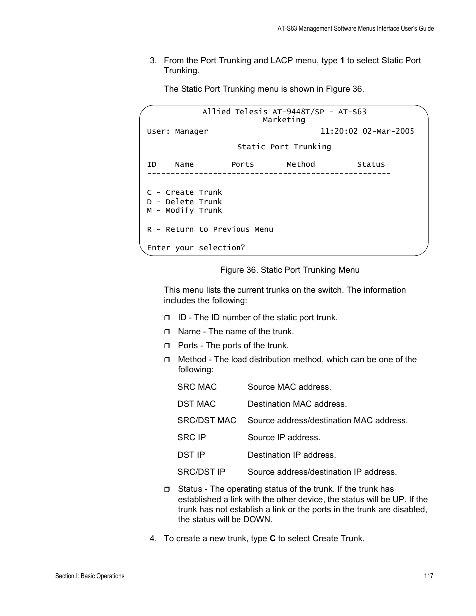 Figure 36: static port trunking menu | Allied Telesis AT-S63 User Manual | Page 117 / 672