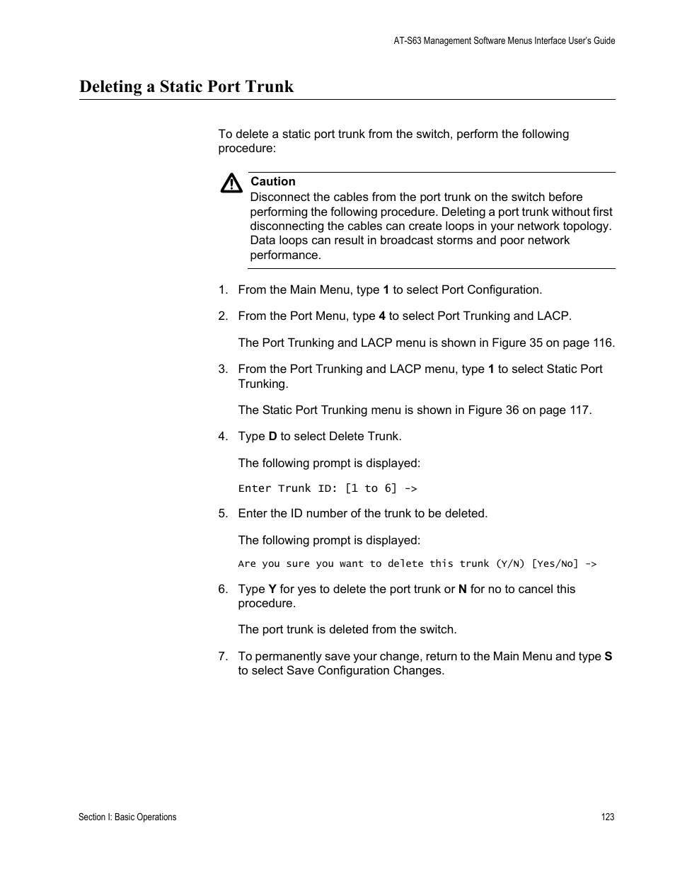 Deleting a static port trunk | Allied Telesis AT-S63 User Manual | Page 123 / 672