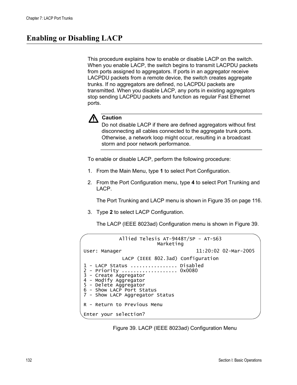 Enabling or disabling lacp, Figure 39: lacp (ieee 8023ad) configuration menu | Allied Telesis AT-S63 User Manual | Page 132 / 672