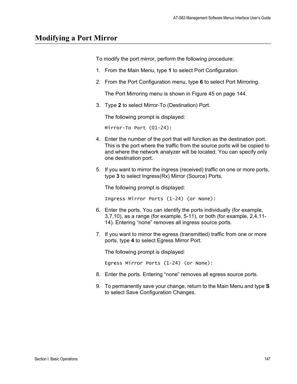 Modifying a port mirror | Allied Telesis AT-S63 User Manual | Page 147 / 672