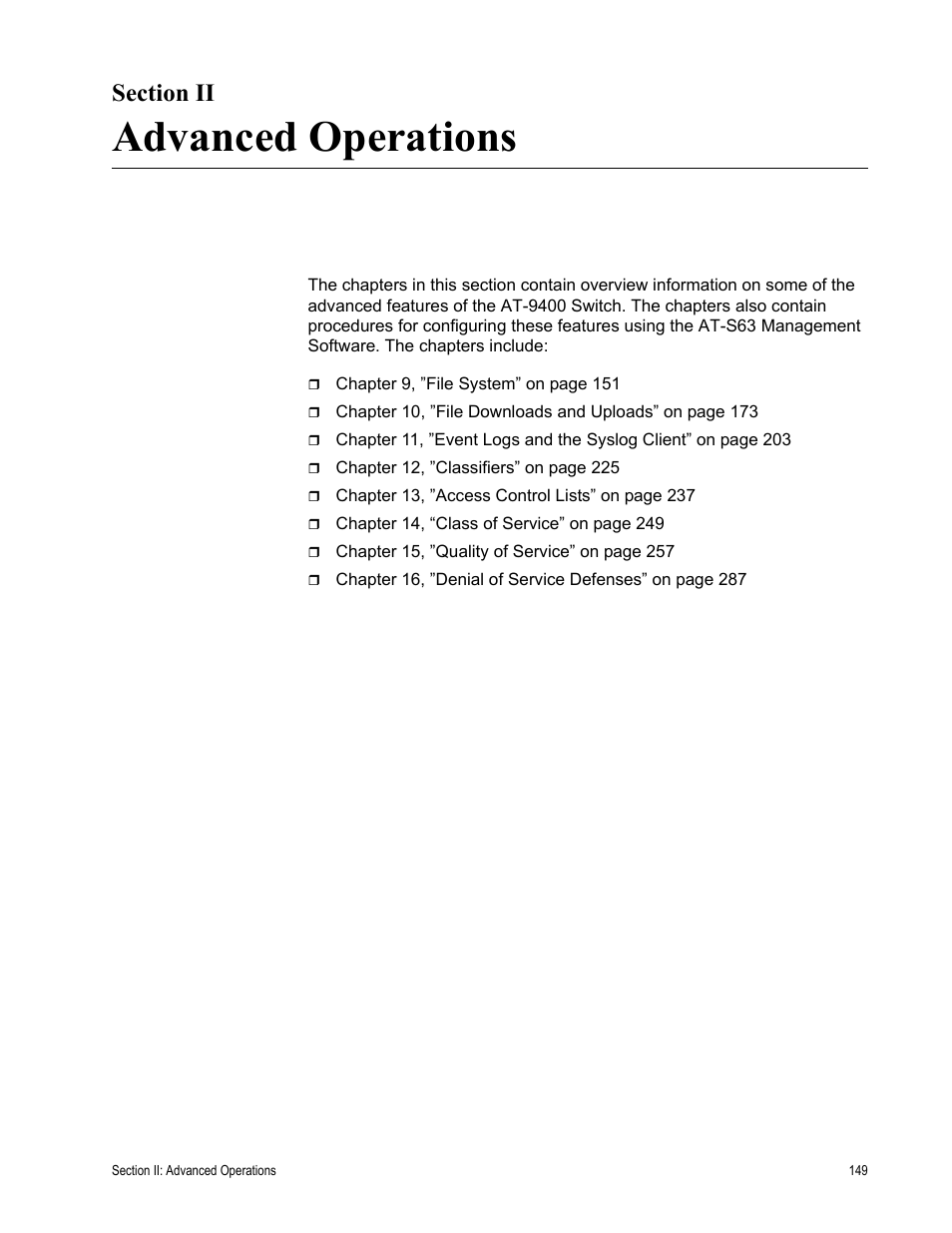 Section ii, Advanced operations, Section ii: advanced operations | Allied Telesis AT-S63 User Manual | Page 149 / 672