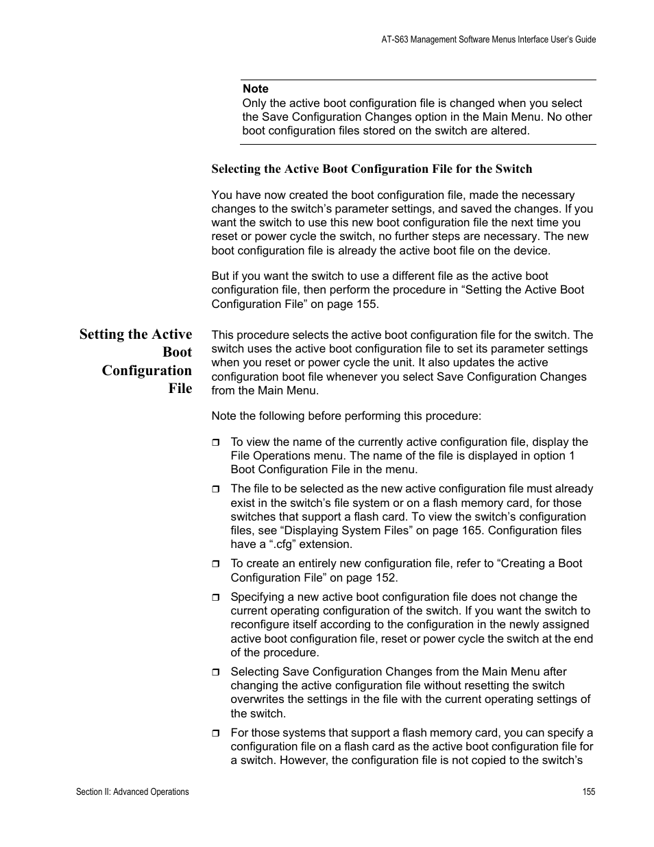 Setting the active boot configuration file | Allied Telesis AT-S63 User Manual | Page 155 / 672