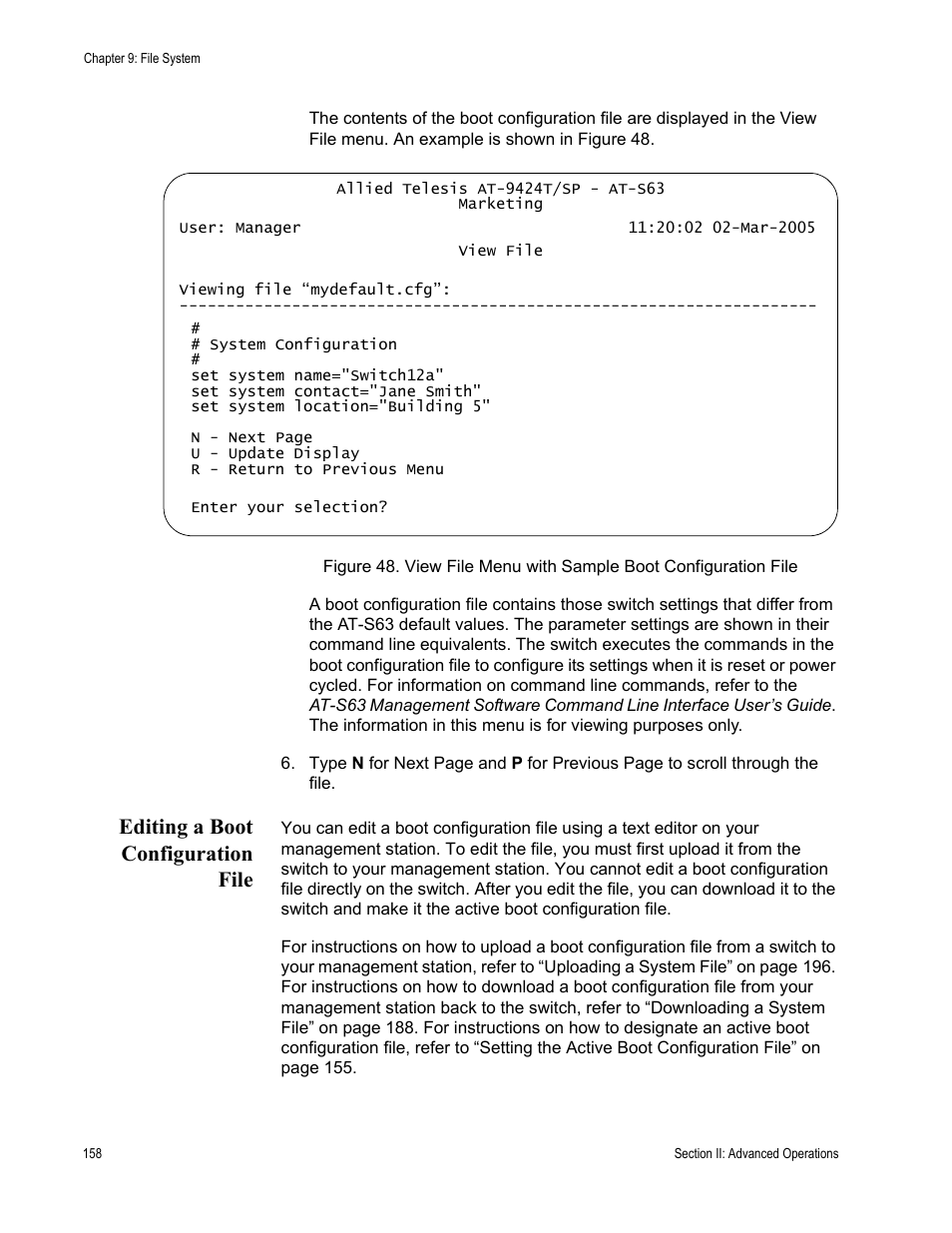 Editing a boot configuration file | Allied Telesis AT-S63 User Manual | Page 158 / 672