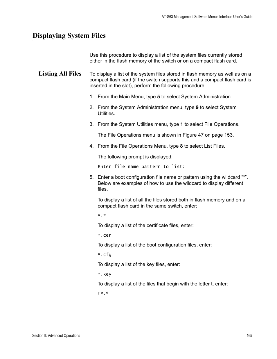 Displaying system files, Listing all files | Allied Telesis AT-S63 User Manual | Page 165 / 672