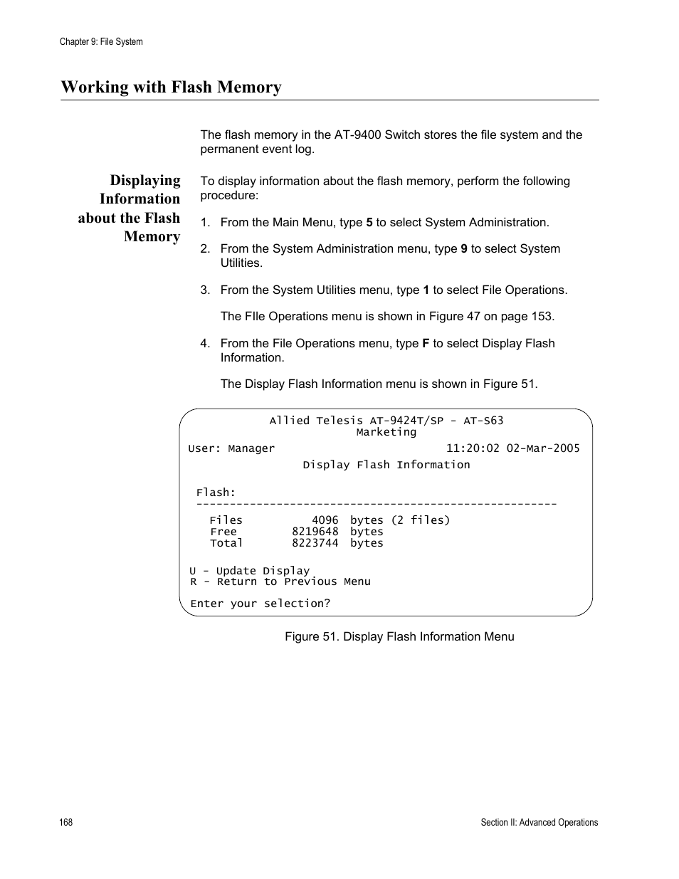 Working with flash memory, Displaying information about the flash memory, Figure 51: display flash information menu | Allied Telesis AT-S63 User Manual | Page 168 / 672