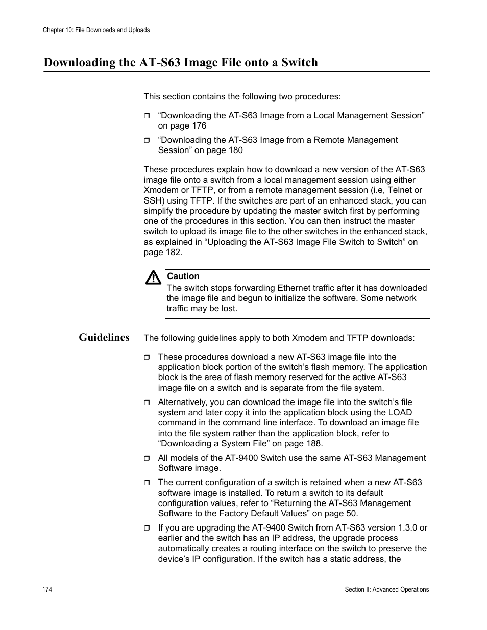 Downloading the at-s63 image file onto a switch, Guidelines | Allied Telesis AT-S63 User Manual | Page 174 / 672