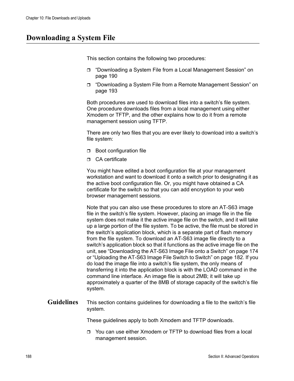 Downloading a system file, Guidelines | Allied Telesis AT-S63 User Manual | Page 188 / 672