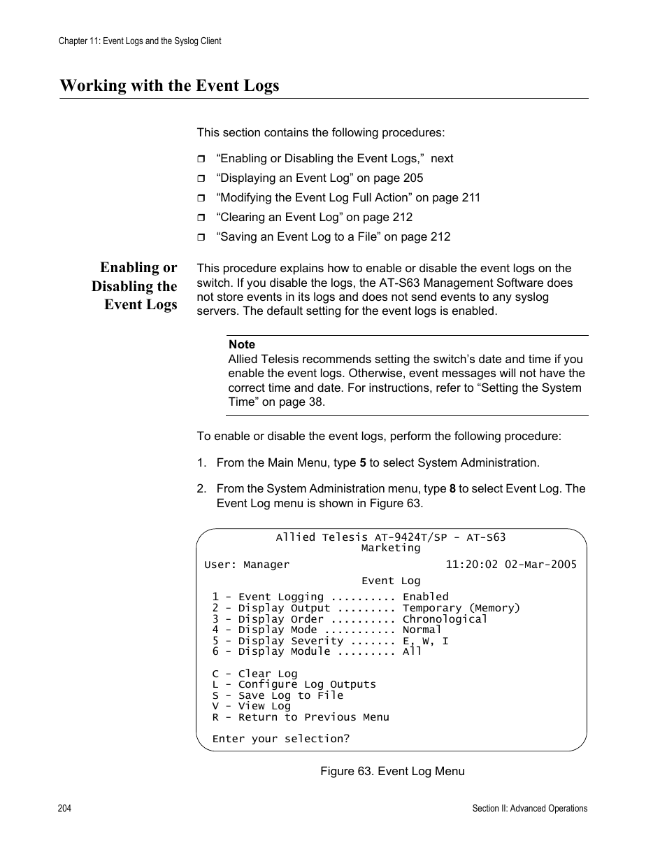 Working with the event logs, Enabling or disabling the event logs, Figure 63: event log menu | Allied Telesis AT-S63 User Manual | Page 204 / 672