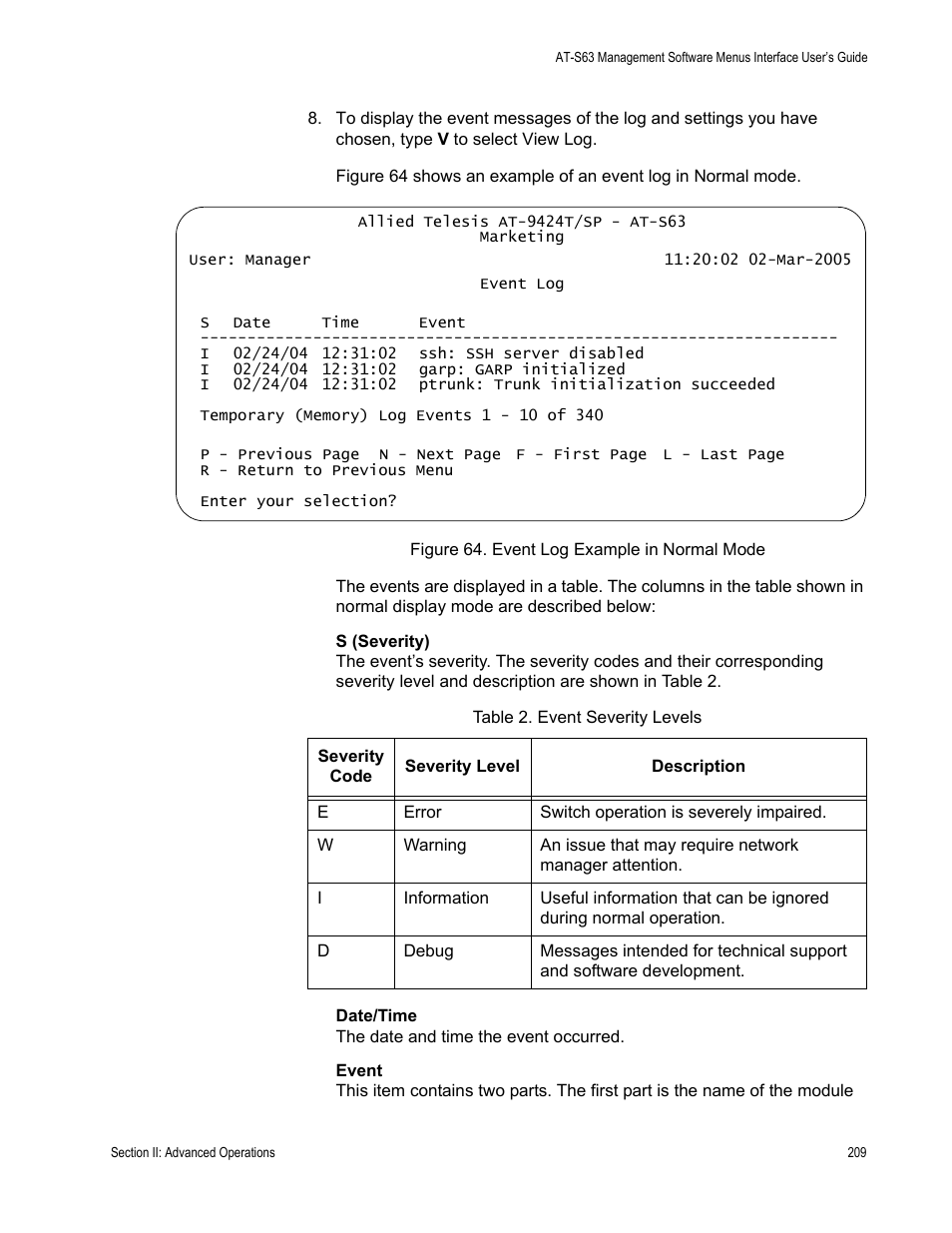 Figure 64: event log example in normal mode, Table 2: event severity levels | Allied Telesis AT-S63 User Manual | Page 209 / 672