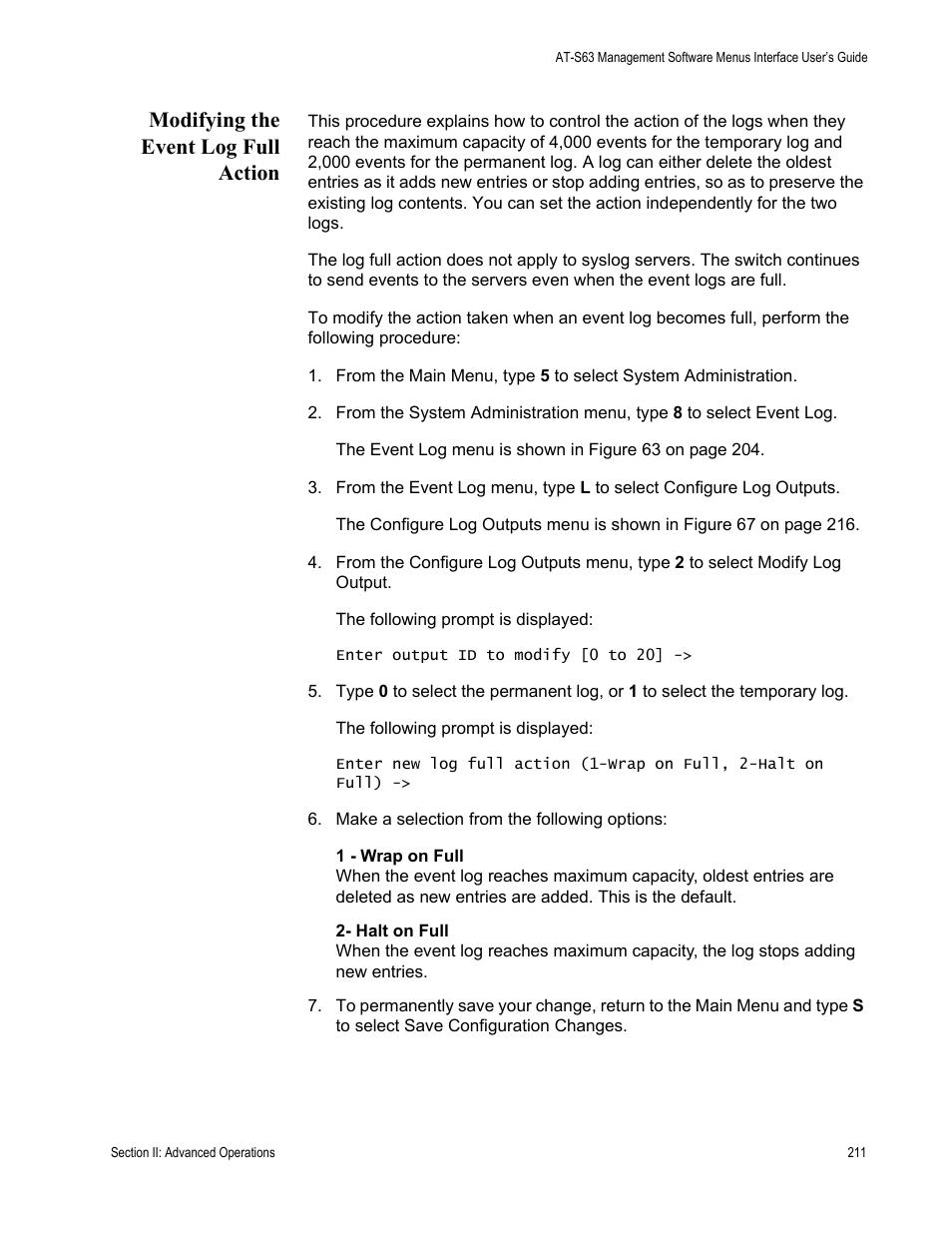 Modifying the event log full action | Allied Telesis AT-S63 User Manual | Page 211 / 672