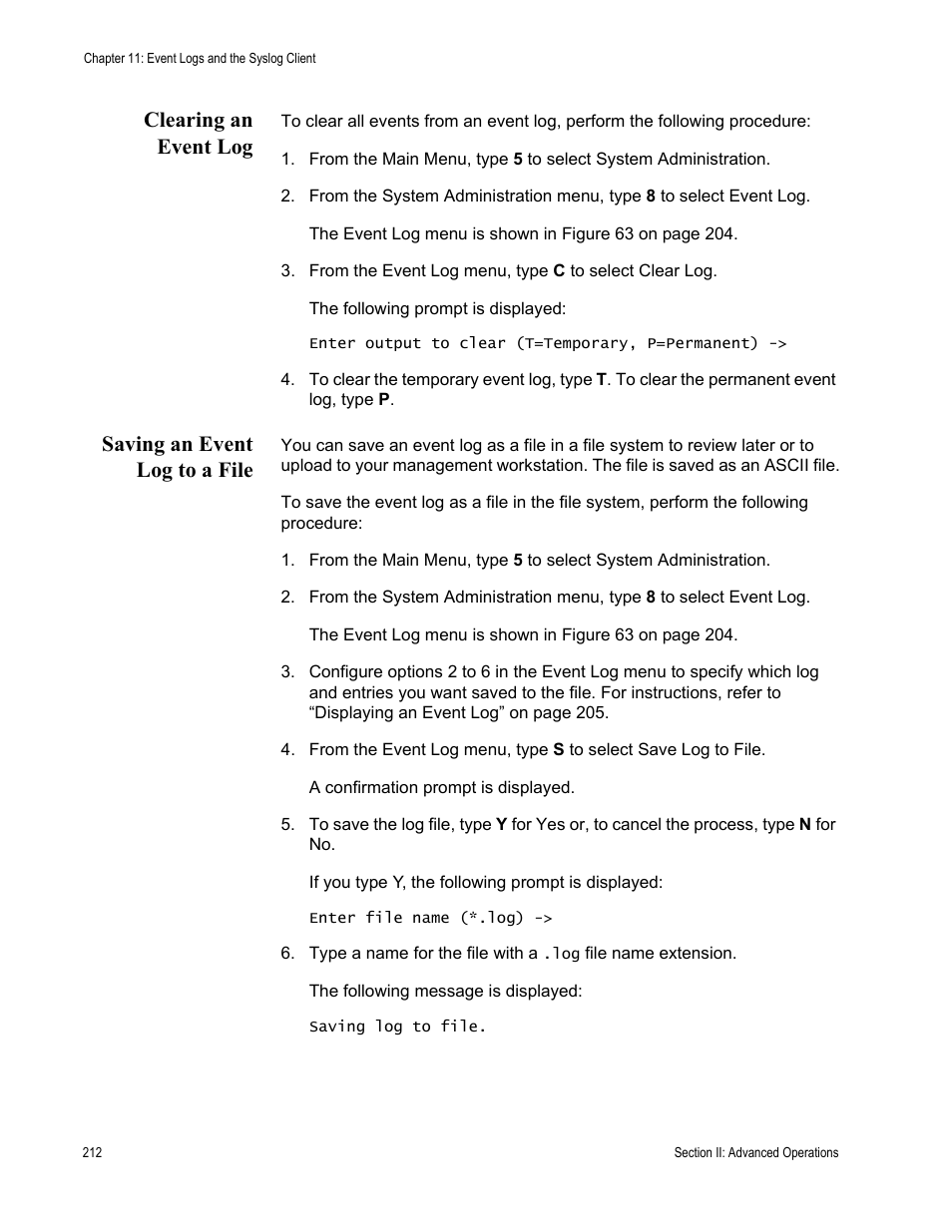 Clearing an event log, Saving an event log to a file | Allied Telesis AT-S63 User Manual | Page 212 / 672