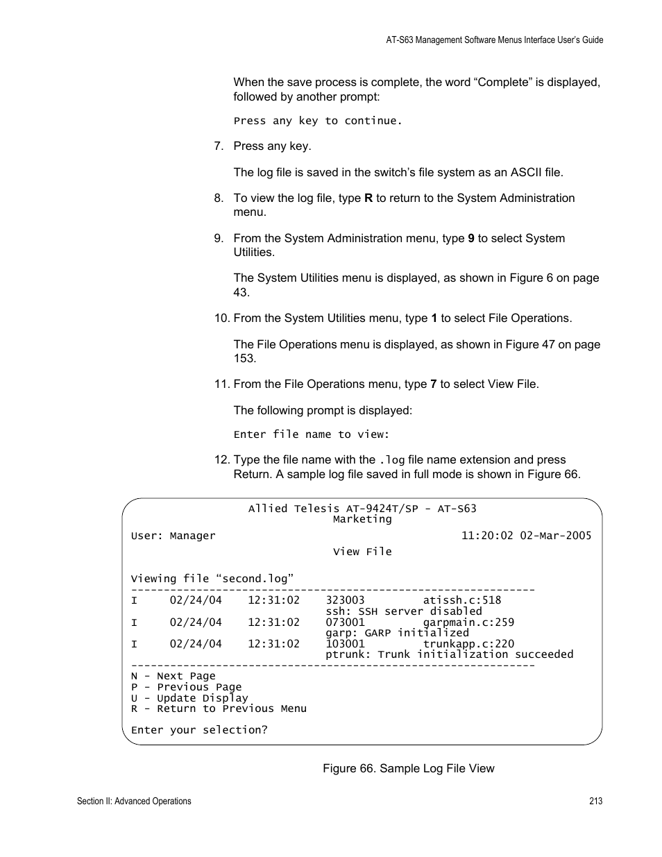 Figure 66: sample log file view | Allied Telesis AT-S63 User Manual | Page 213 / 672