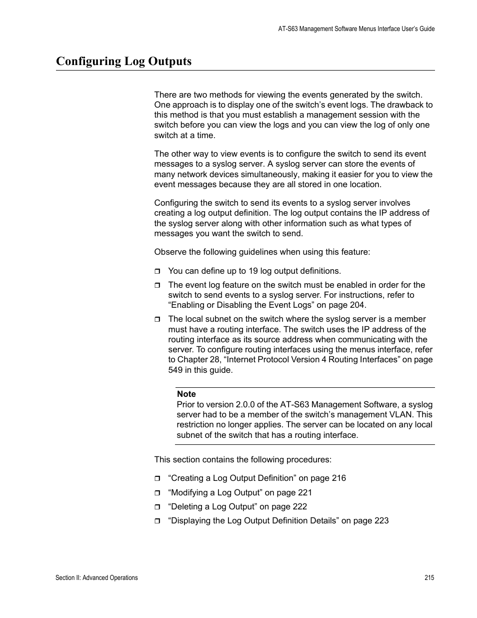 Configuring log outputs | Allied Telesis AT-S63 User Manual | Page 215 / 672