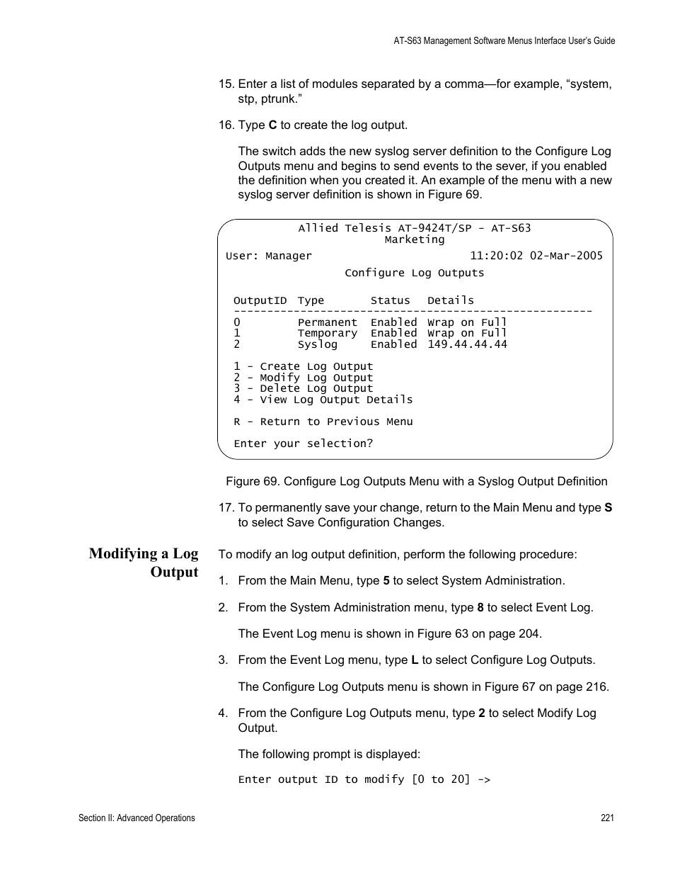Modifying a log output | Allied Telesis AT-S63 User Manual | Page 221 / 672