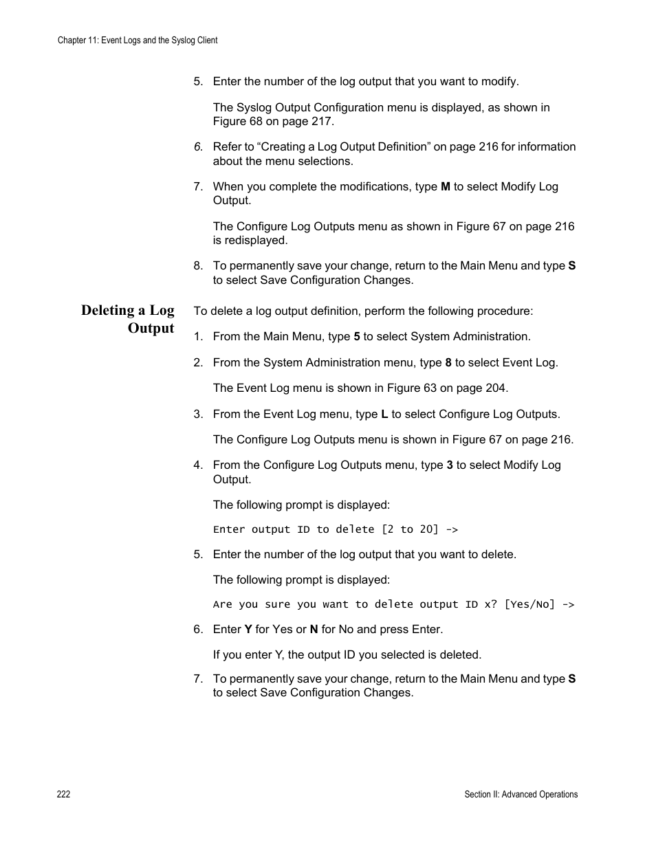 Deleting a log output | Allied Telesis AT-S63 User Manual | Page 222 / 672