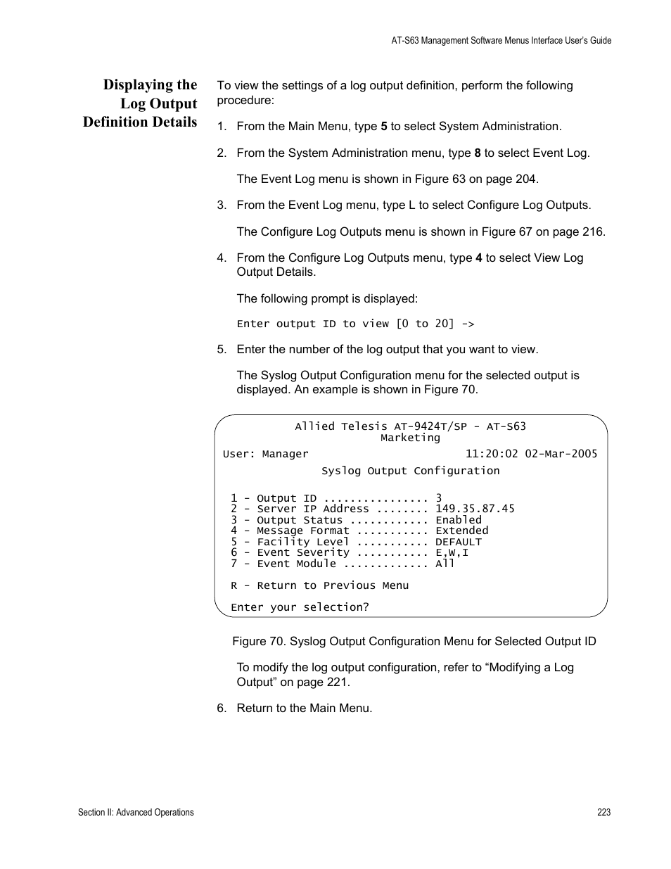 Displaying the log output definition details | Allied Telesis AT-S63 User Manual | Page 223 / 672