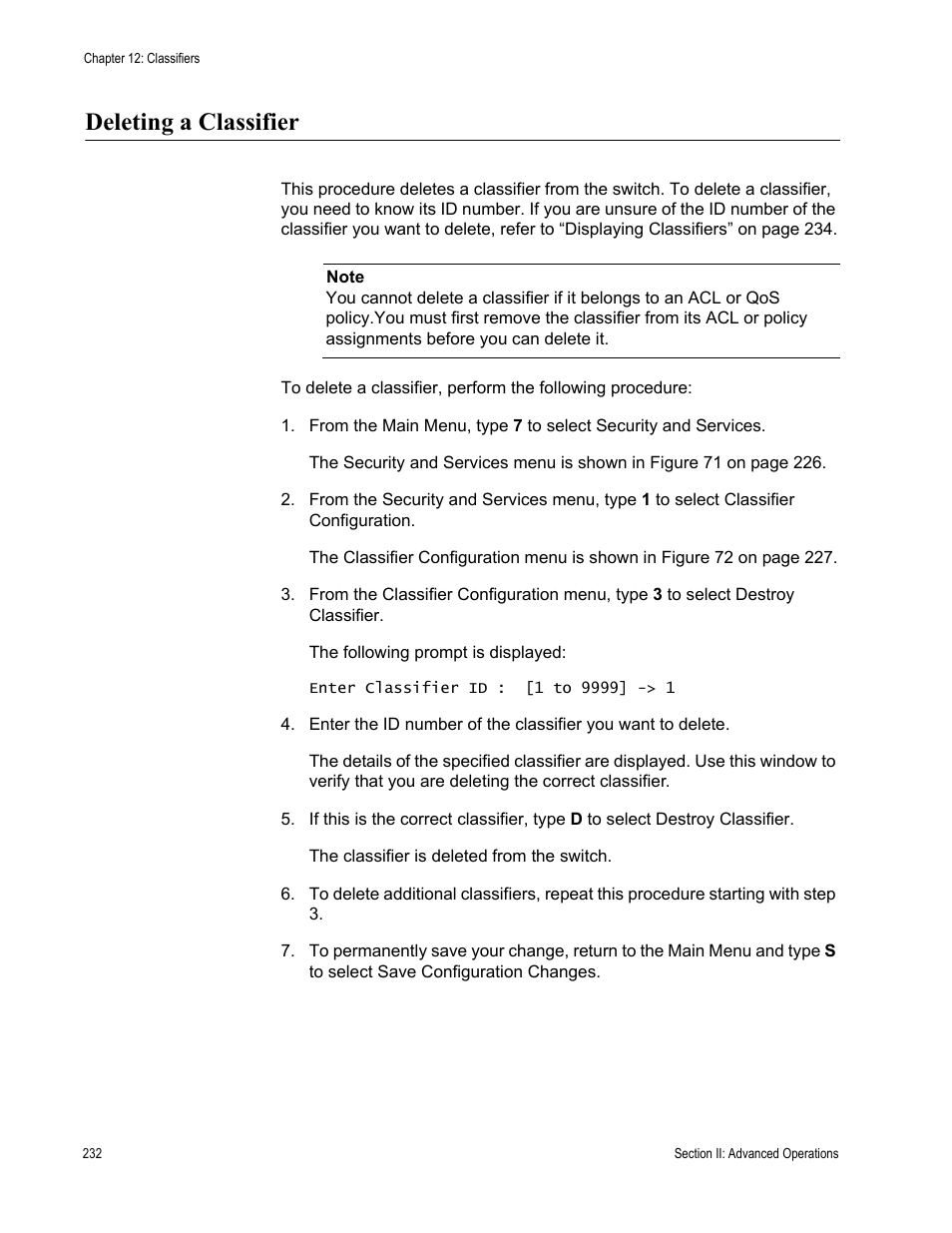 Deleting a classifier | Allied Telesis AT-S63 User Manual | Page 232 / 672