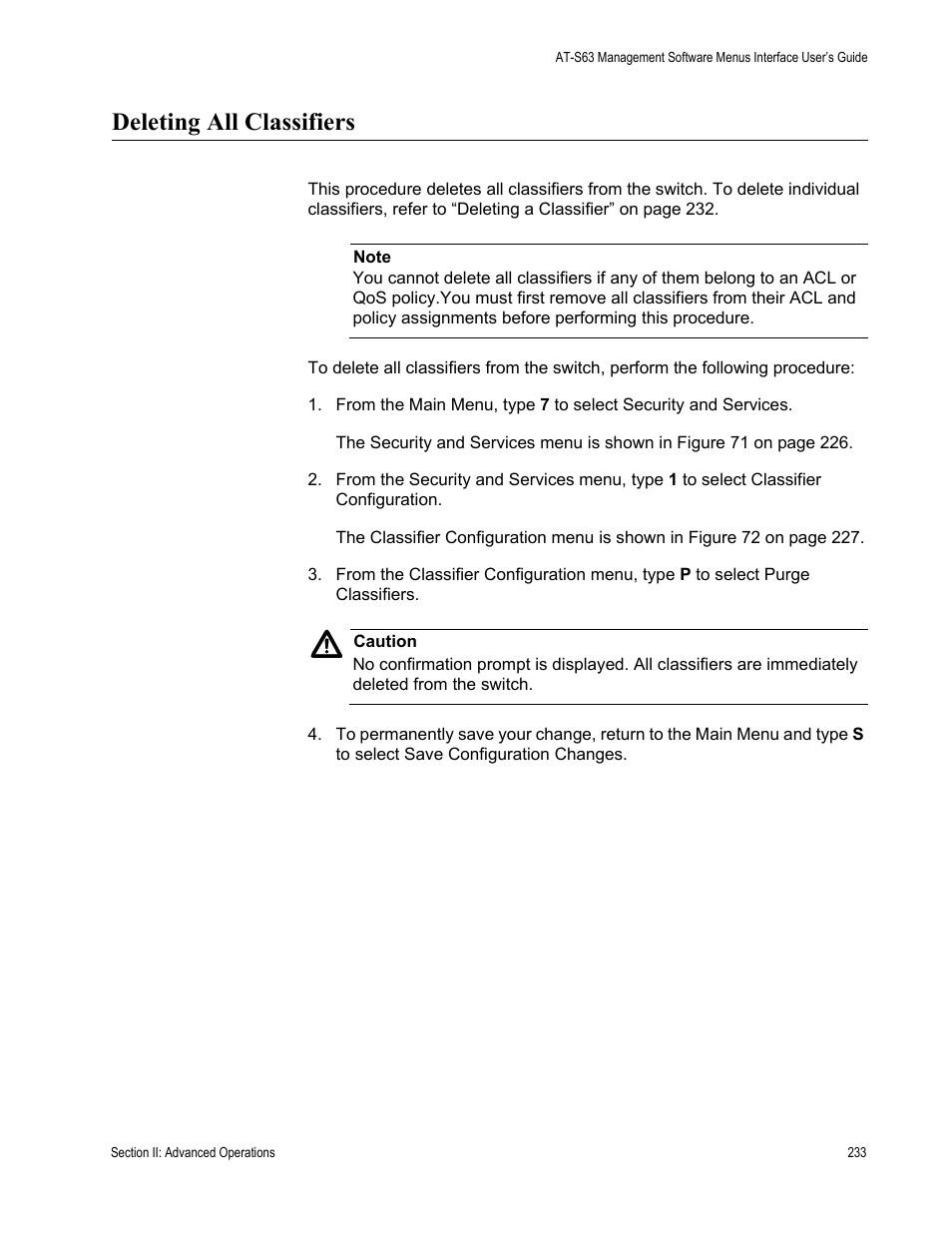 Deleting all classifiers | Allied Telesis AT-S63 User Manual | Page 233 / 672