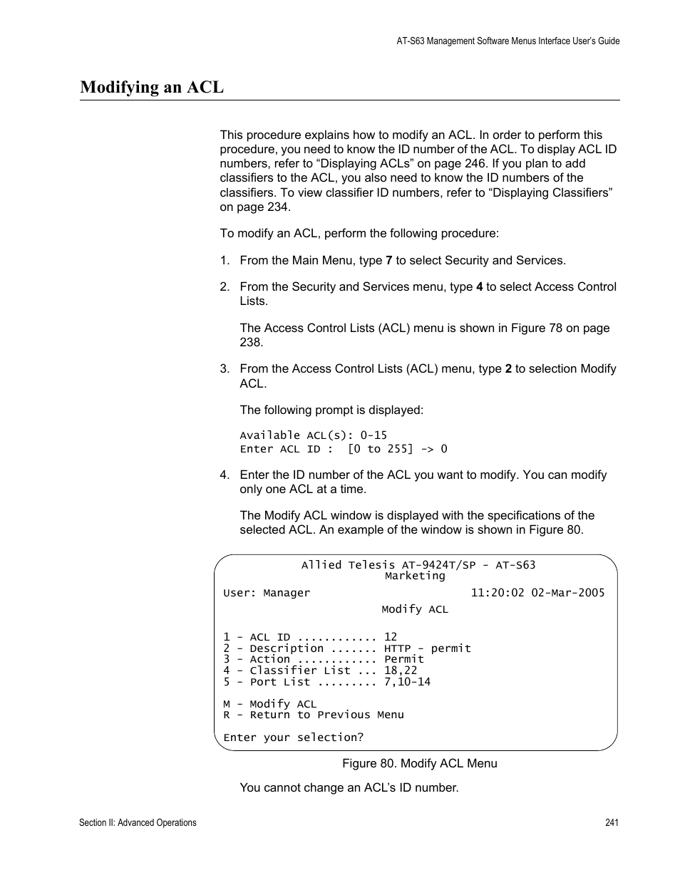 Modifying an acl, Figure 80: modify acl menu | Allied Telesis AT-S63 User Manual | Page 241 / 672
