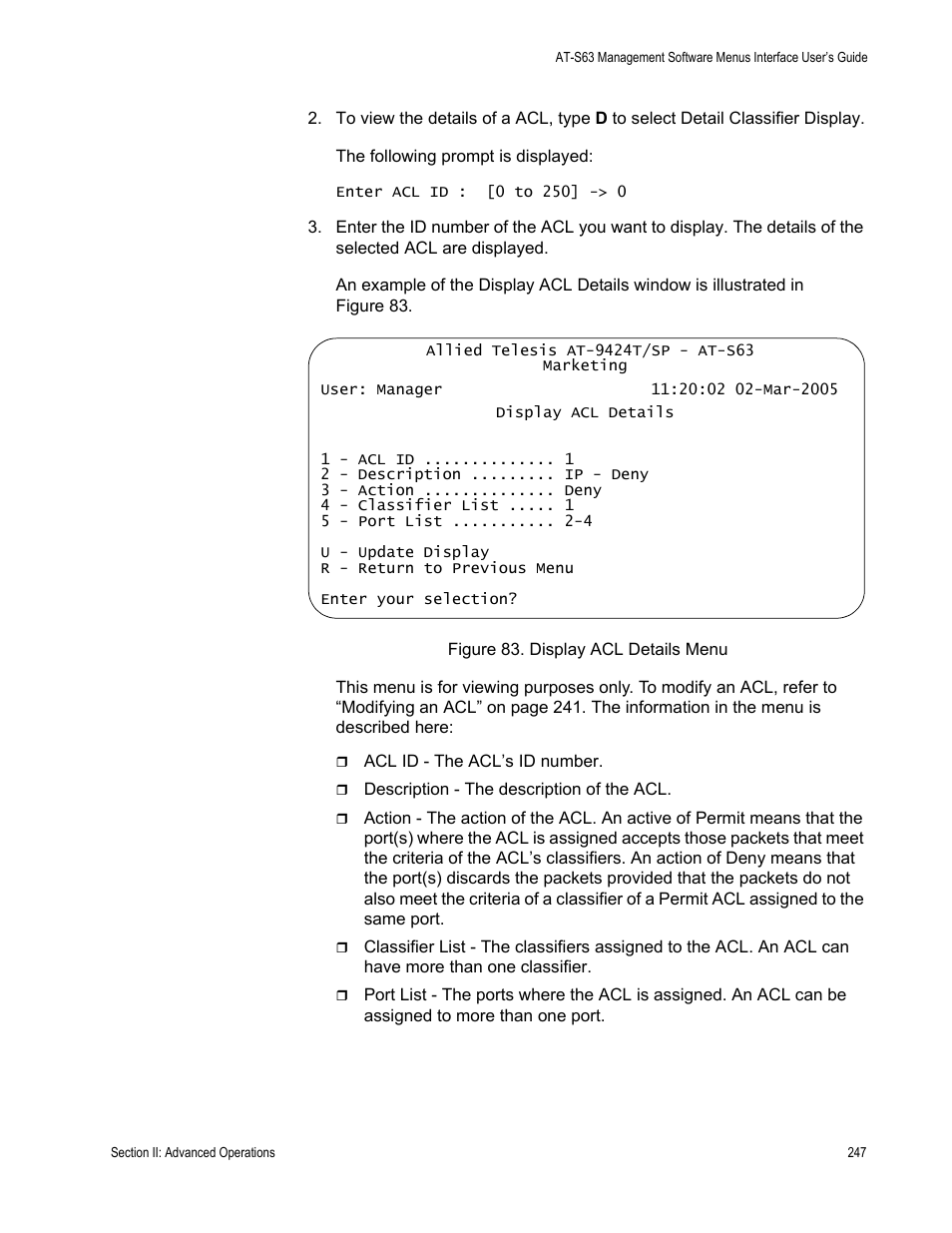 Display acl details menu | Allied Telesis AT-S63 User Manual | Page 247 / 672