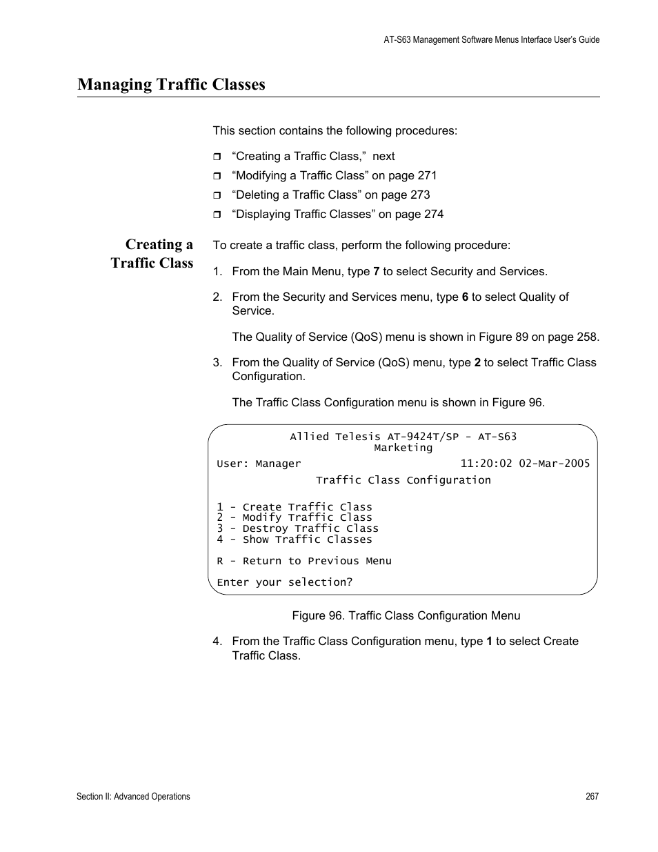 Managing traffic classes, Creating a traffic class, Figure 96: traffic class configuration menu | Allied Telesis AT-S63 User Manual | Page 267 / 672