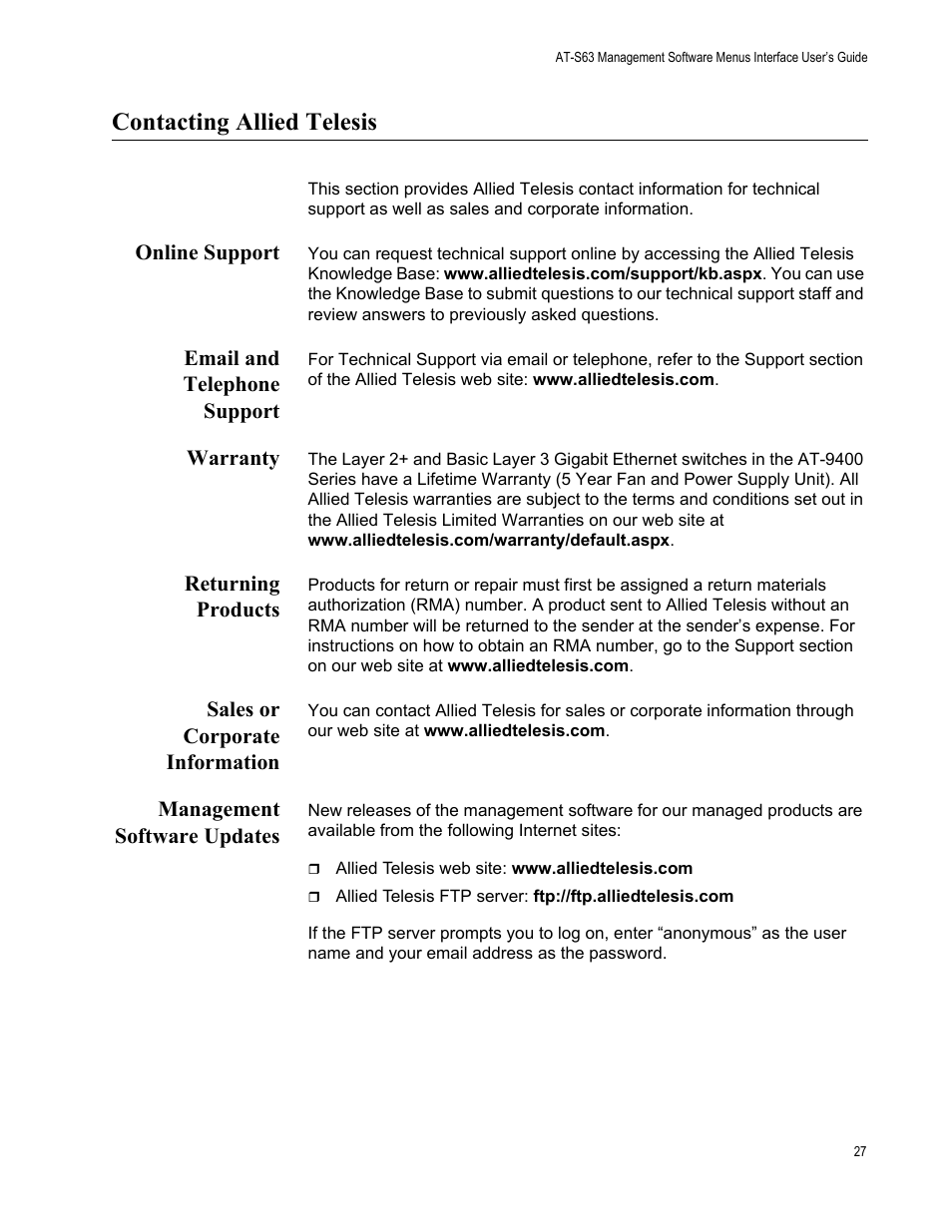 Contacting allied telesis, Online support, Email and telephone support | Warranty, Returning products, Sales or corporate information, Management software updates | Allied Telesis AT-S63 User Manual | Page 27 / 672