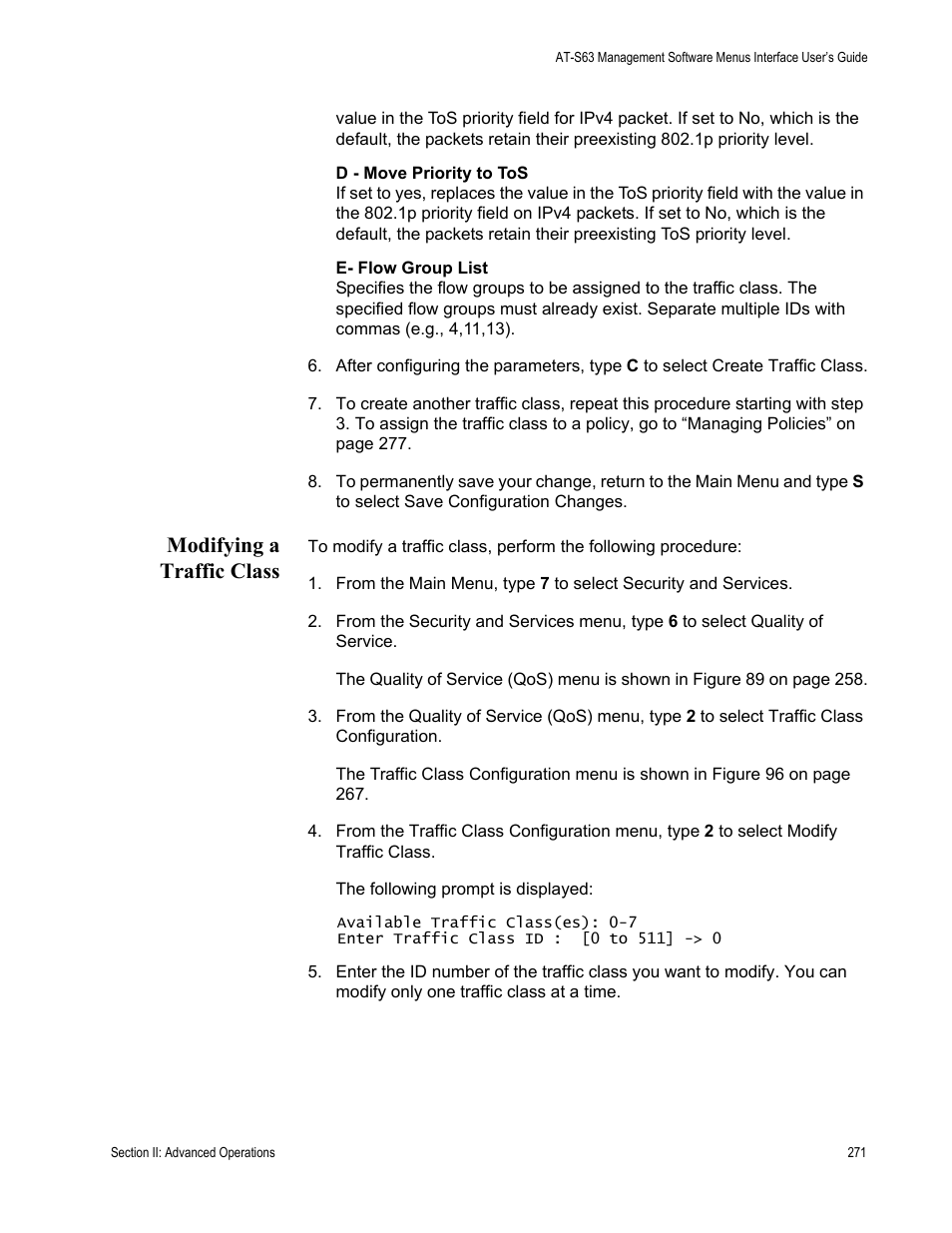 Modifying a traffic class | Allied Telesis AT-S63 User Manual | Page 271 / 672