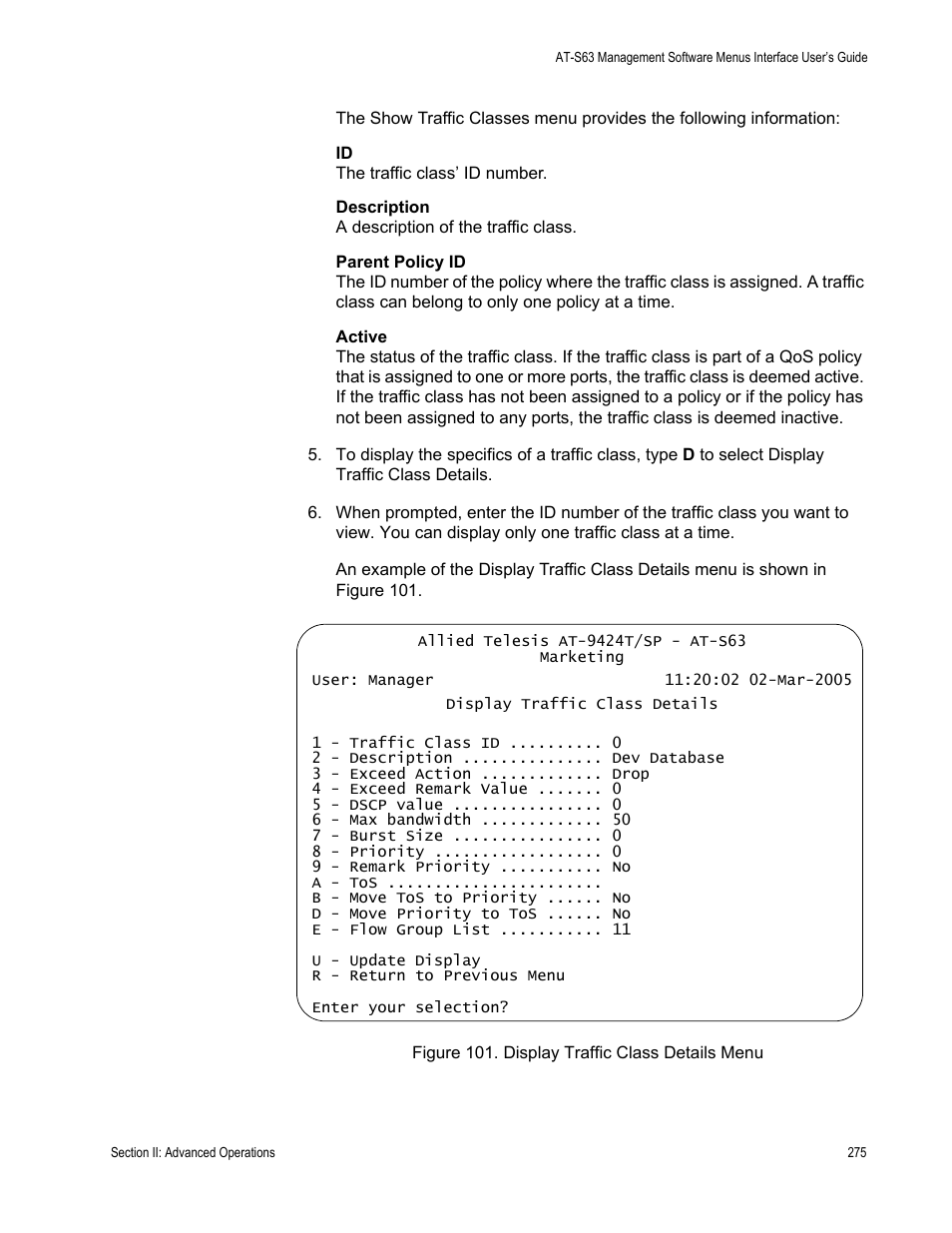 Figure 101: display traffic class details menu | Allied Telesis AT-S63 User Manual | Page 275 / 672