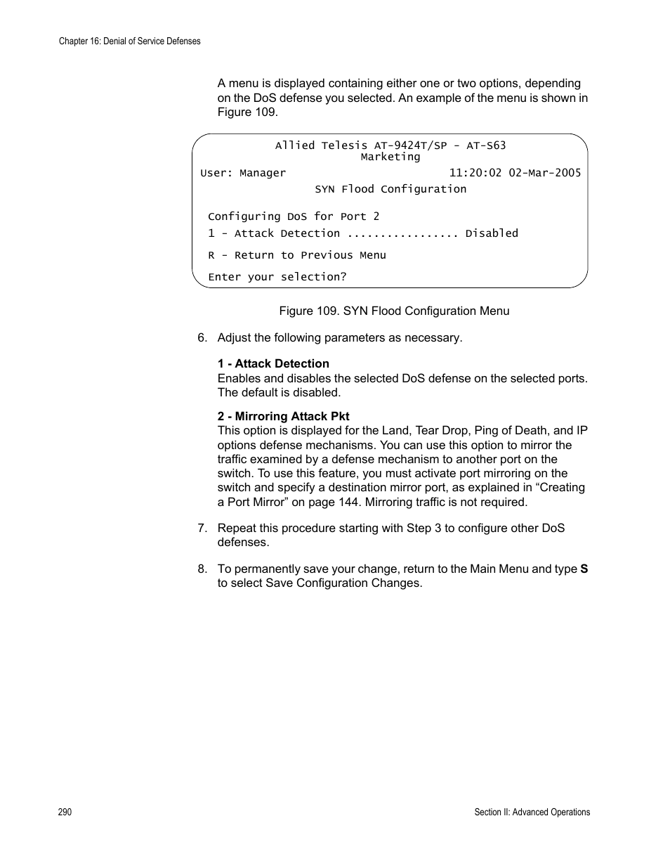 Figure 109: syn flood configuration menu | Allied Telesis AT-S63 User Manual | Page 290 / 672
