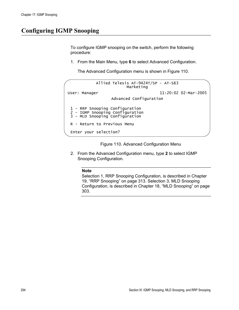 Configuring igmp snooping, Figure 110: advanced configuration menu | Allied Telesis AT-S63 User Manual | Page 294 / 672