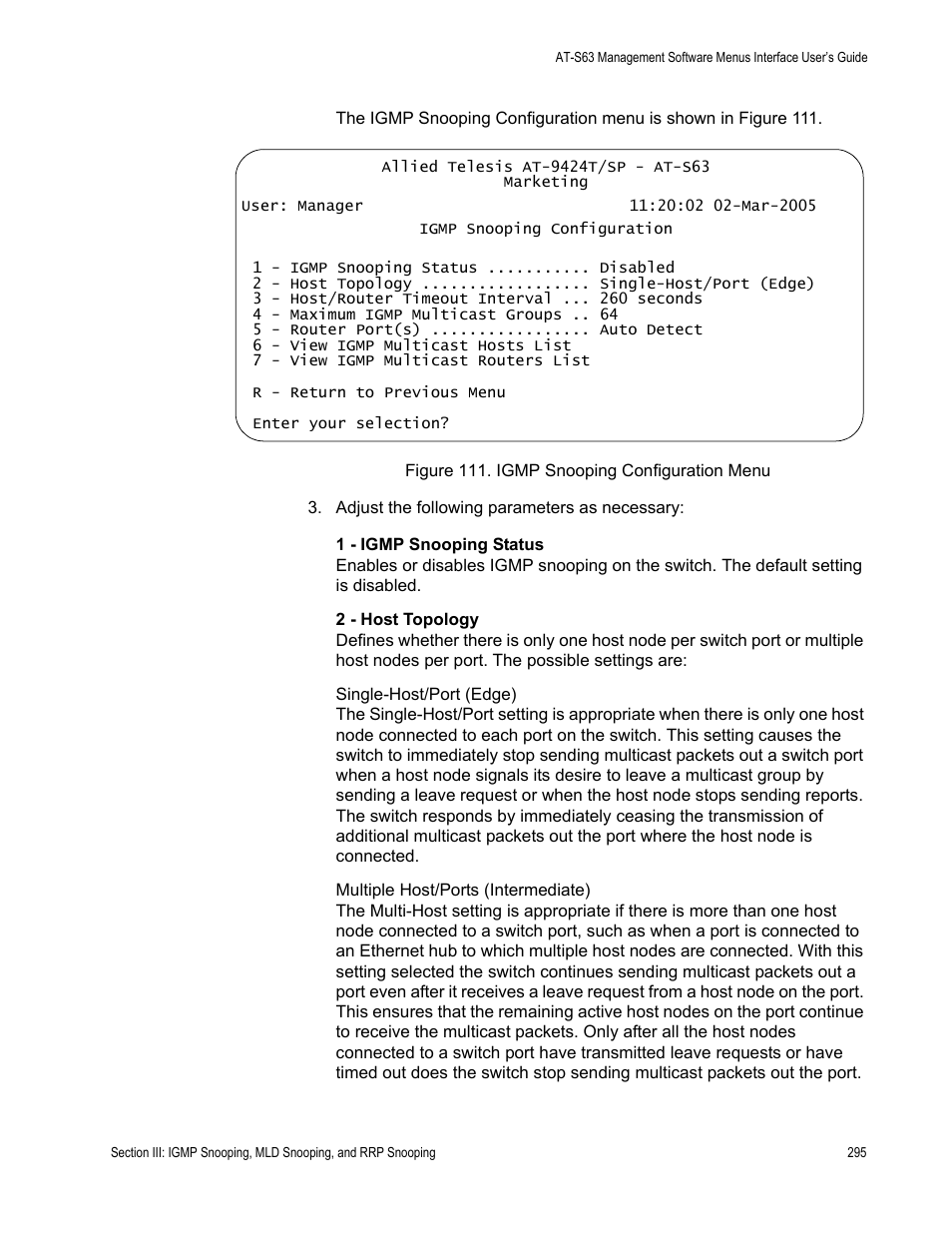 Figure 111: igmp snooping configuration menu | Allied Telesis AT-S63 User Manual | Page 295 / 672