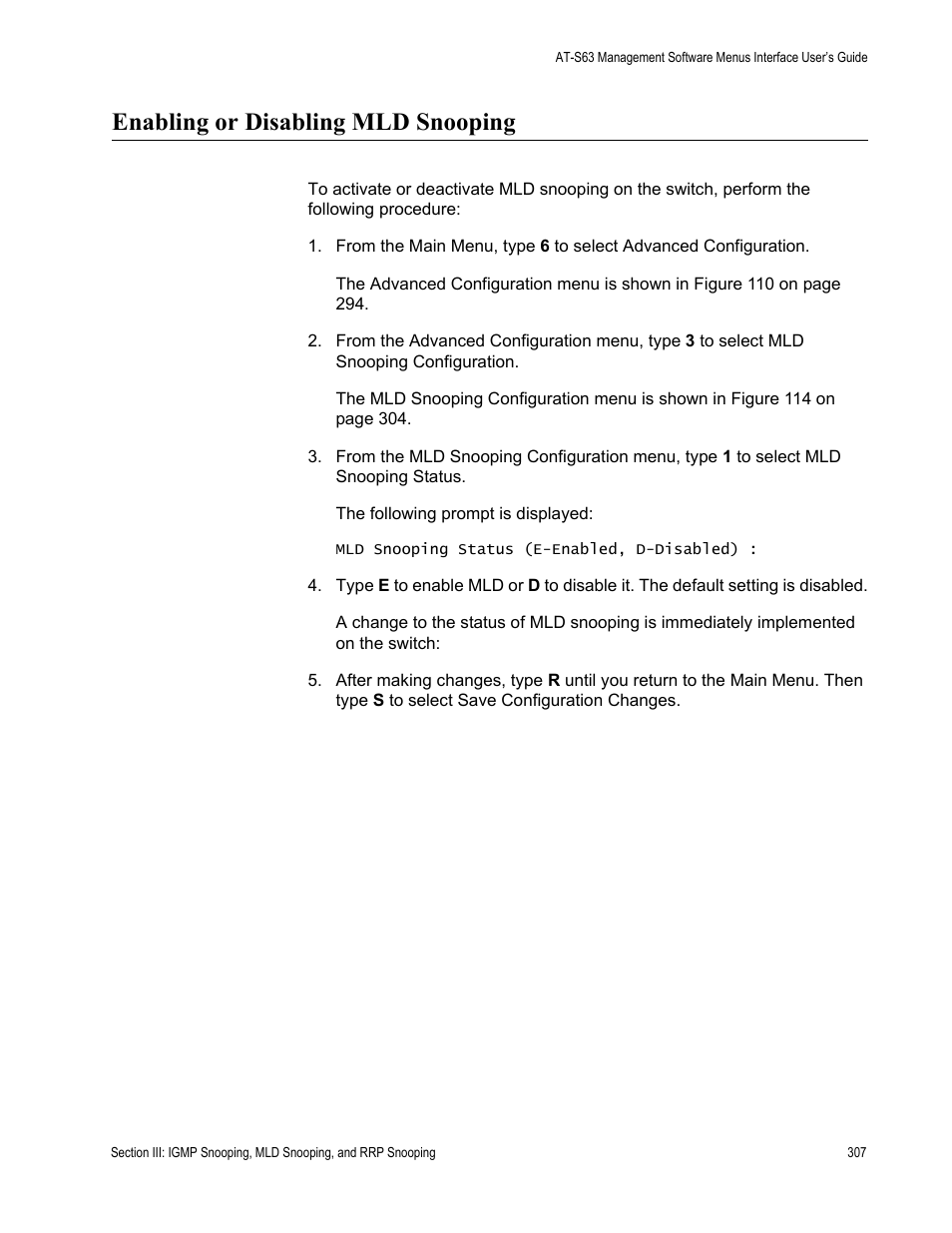 Enabling or disabling mld snooping | Allied Telesis AT-S63 User Manual | Page 307 / 672