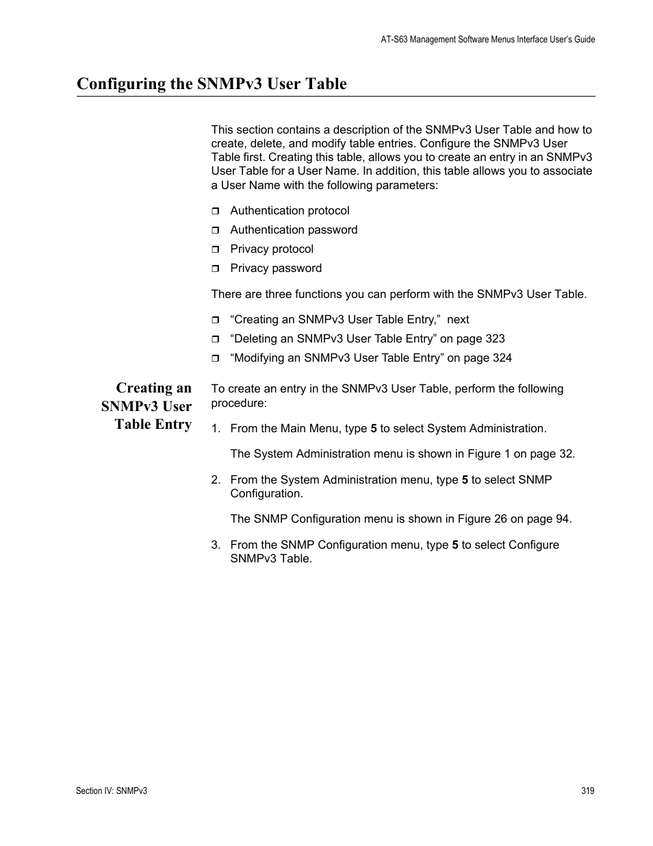 Configuring the snmpv3 user table, Creating an snmpv3 user table entry, Configuring the snmpv3 user table,” next | Allied Telesis AT-S63 User Manual | Page 319 / 672