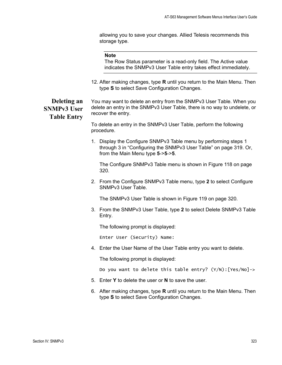 Deleting an snmpv3 user table entry | Allied Telesis AT-S63 User Manual | Page 323 / 672