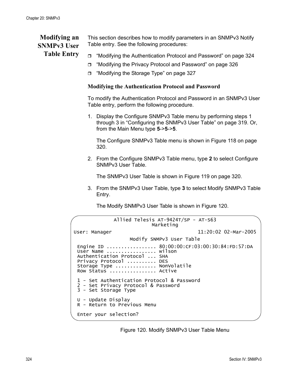 Modifying an snmpv3 user table entry, Figure 120: modify snmpv3 user table menu | Allied Telesis AT-S63 User Manual | Page 324 / 672