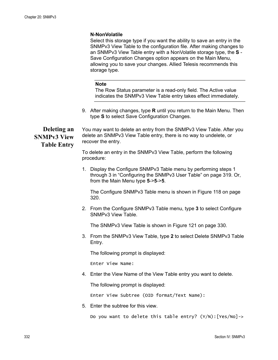 Deleting an snmpv3 view table entry | Allied Telesis AT-S63 User Manual | Page 332 / 672