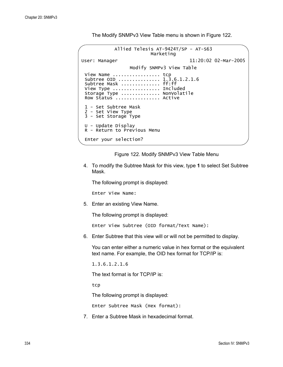 Figure 122: modify snmpv3 view table menu | Allied Telesis AT-S63 User Manual | Page 334 / 672
