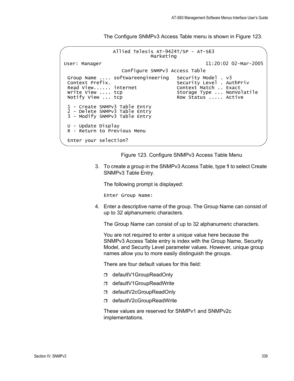 Figure 123: configure snmpv3 access table menu | Allied Telesis AT-S63 User Manual | Page 339 / 672