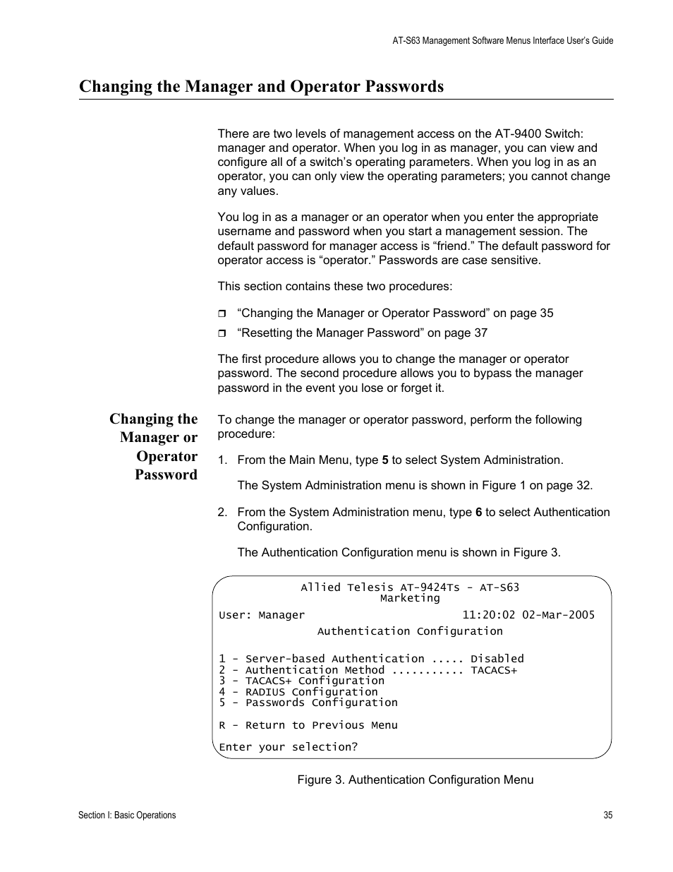 Changing the manager and operator passwords, Changing the manager or operator password, Figure 3: authentication configuration menu | Allied Telesis AT-S63 User Manual | Page 35 / 672