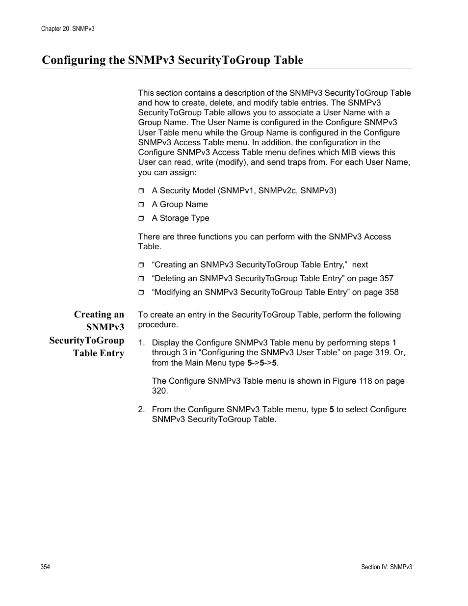 Configuring the snmpv3 securitytogroup table, Creating an snmpv3 securitytogroup table entry | Allied Telesis AT-S63 User Manual | Page 354 / 672