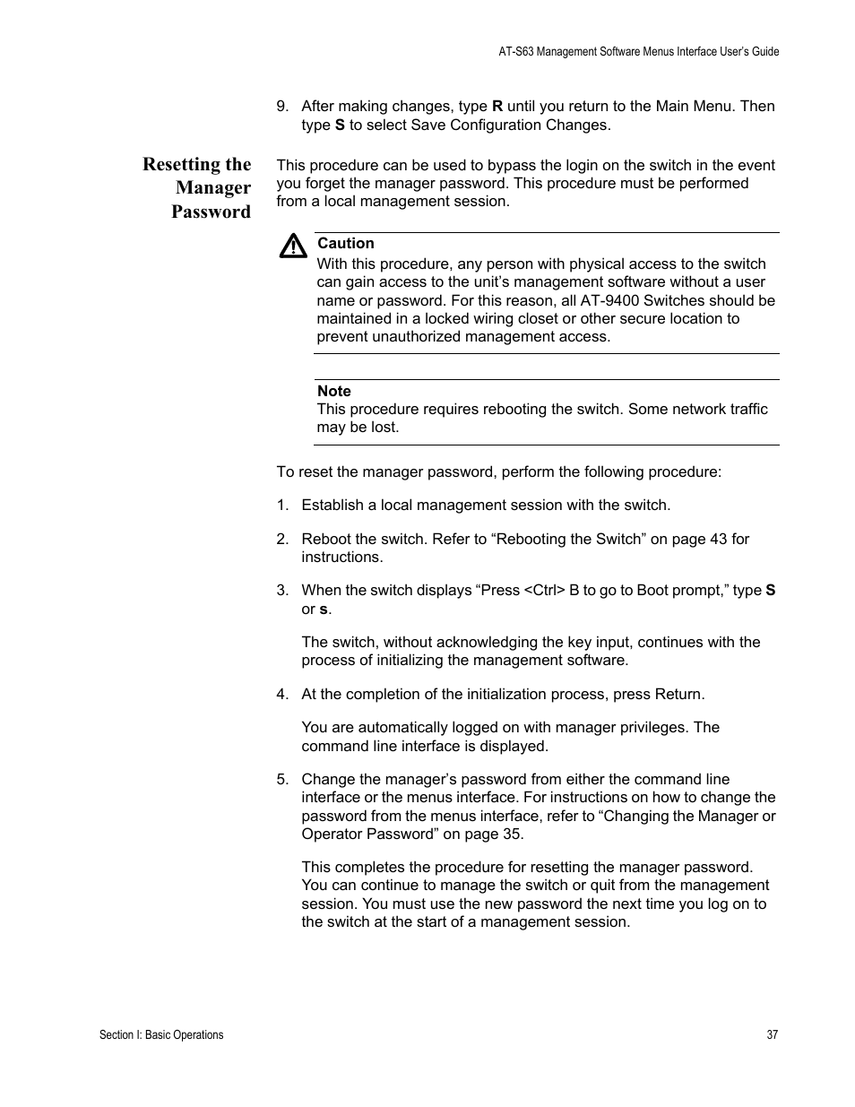 Resetting the manager password | Allied Telesis AT-S63 User Manual | Page 37 / 672