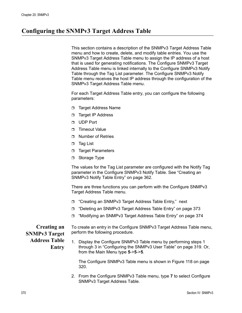 Configuring the snmpv3 target address table, Creating an snmpv3 target address table entry | Allied Telesis AT-S63 User Manual | Page 370 / 672