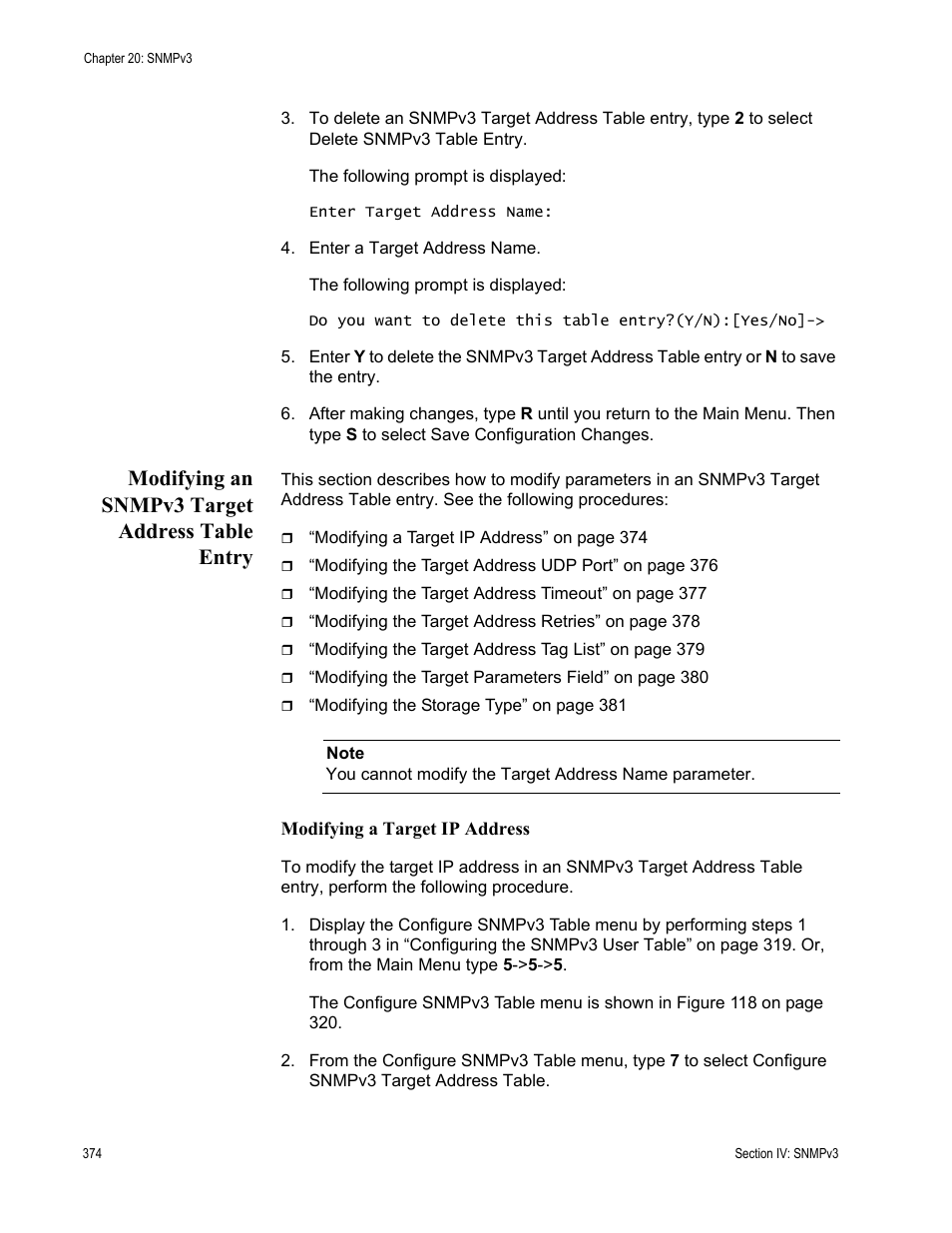 Modifying an snmpv3 target address table entry | Allied Telesis AT-S63 User Manual | Page 374 / 672