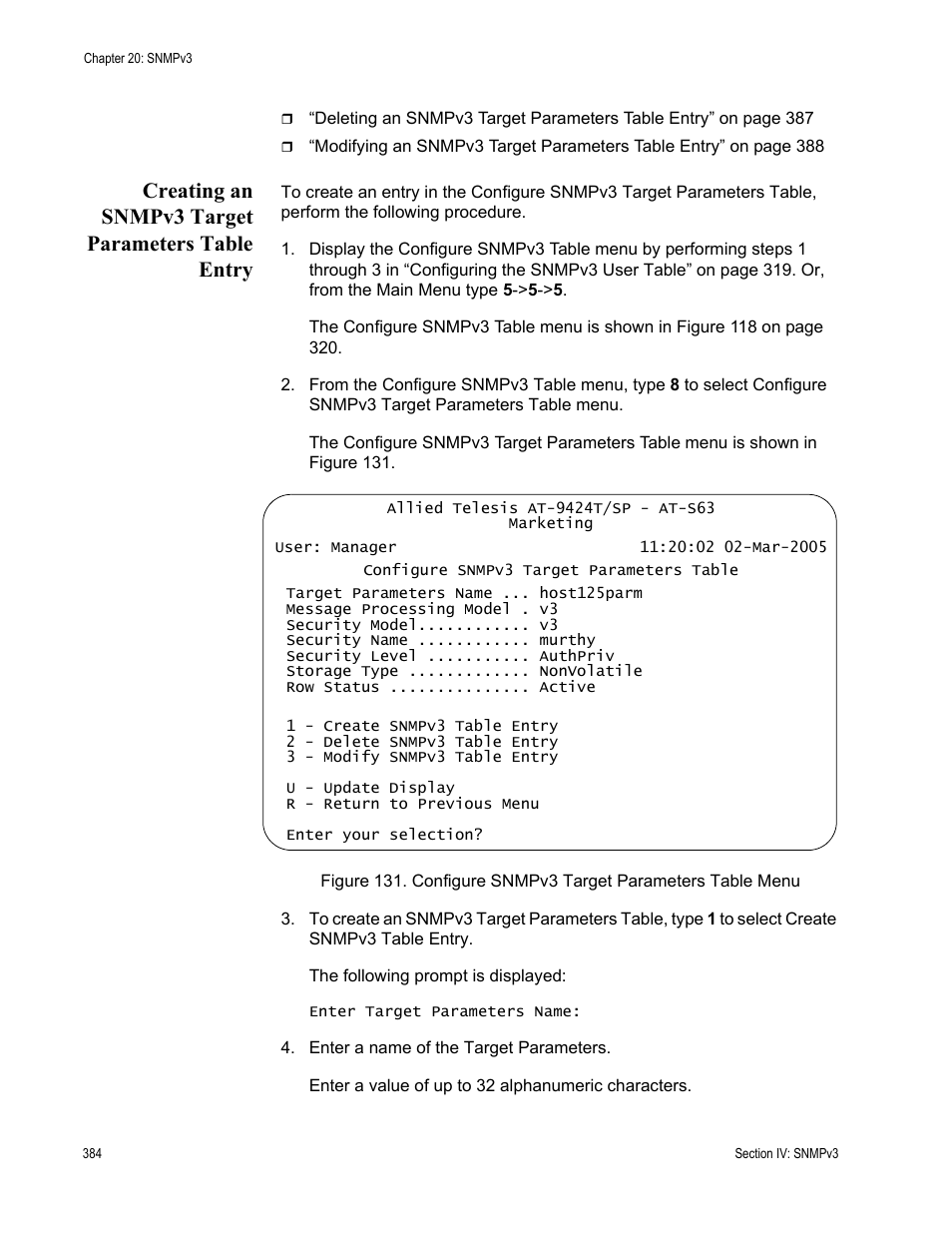 Creating an snmpv3 target parameters table entry, Configure snmpv3 target parameters table menu | Allied Telesis AT-S63 User Manual | Page 384 / 672