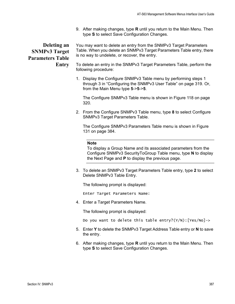 Deleting an snmpv3 target parameters table entry | Allied Telesis AT-S63 User Manual | Page 387 / 672