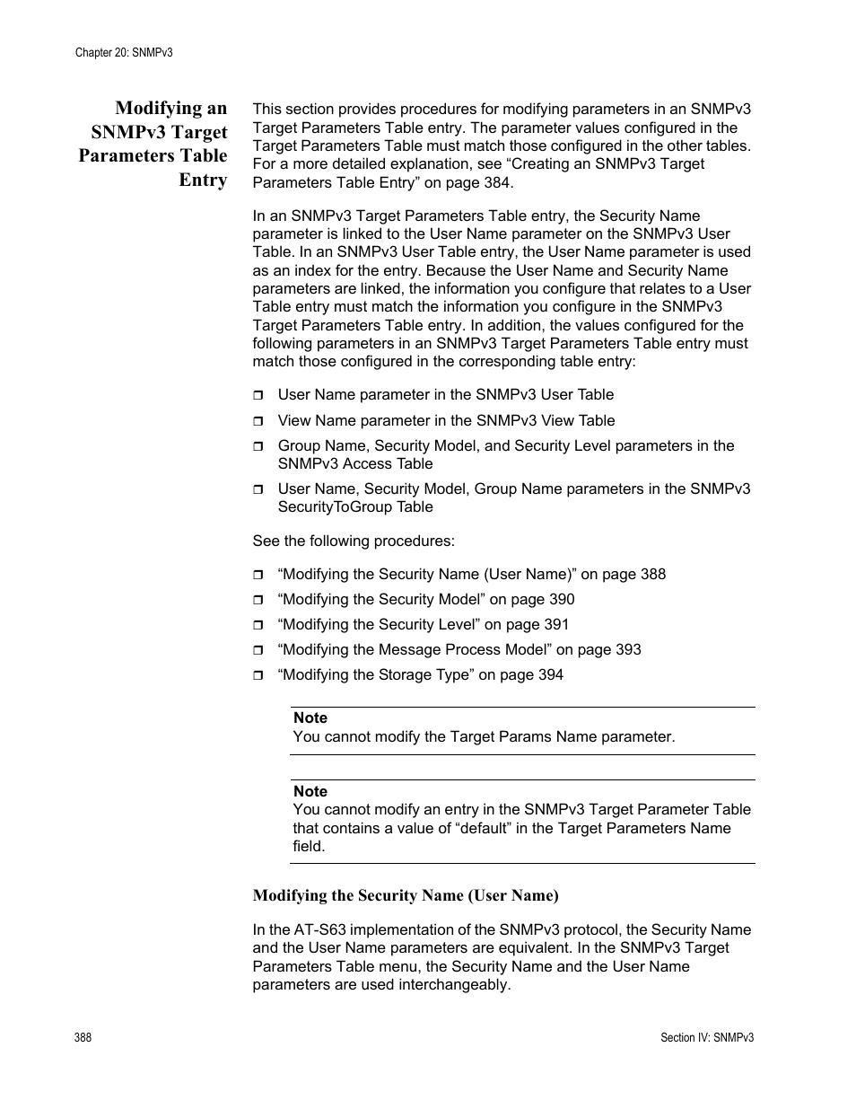 Modifying an snmpv3 target parameters table entry | Allied Telesis AT-S63 User Manual | Page 388 / 672