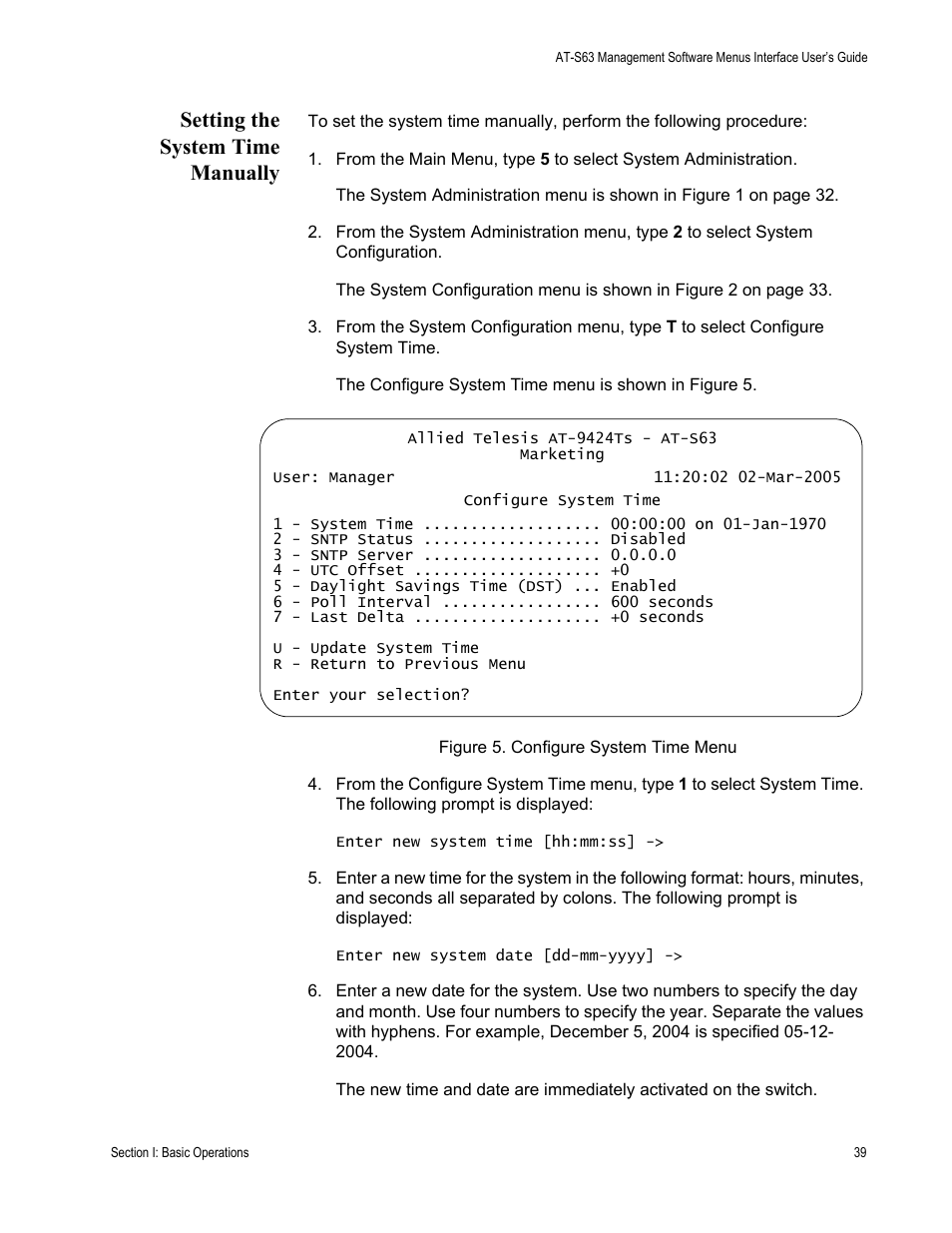 Setting the system time manually, Figure 5: configure system time menu, Setting the system time manually,” next | Allied Telesis AT-S63 User Manual | Page 39 / 672