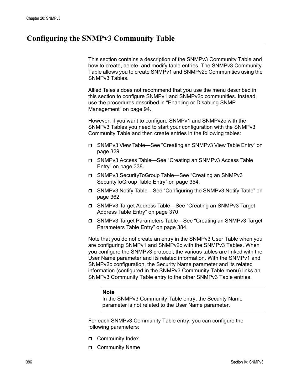 Configuring the snmpv3 community table | Allied Telesis AT-S63 User Manual | Page 396 / 672
